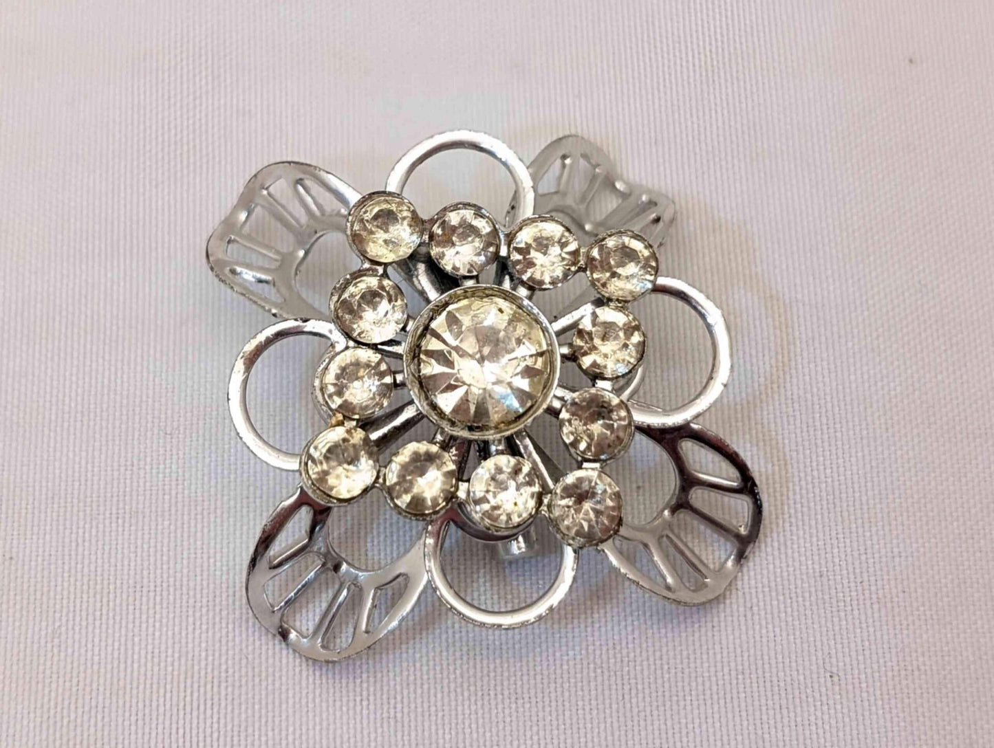 Vintage MCM Silver-toned Brooch With Rhinestones-Retro Glam Scarf Pin image 0