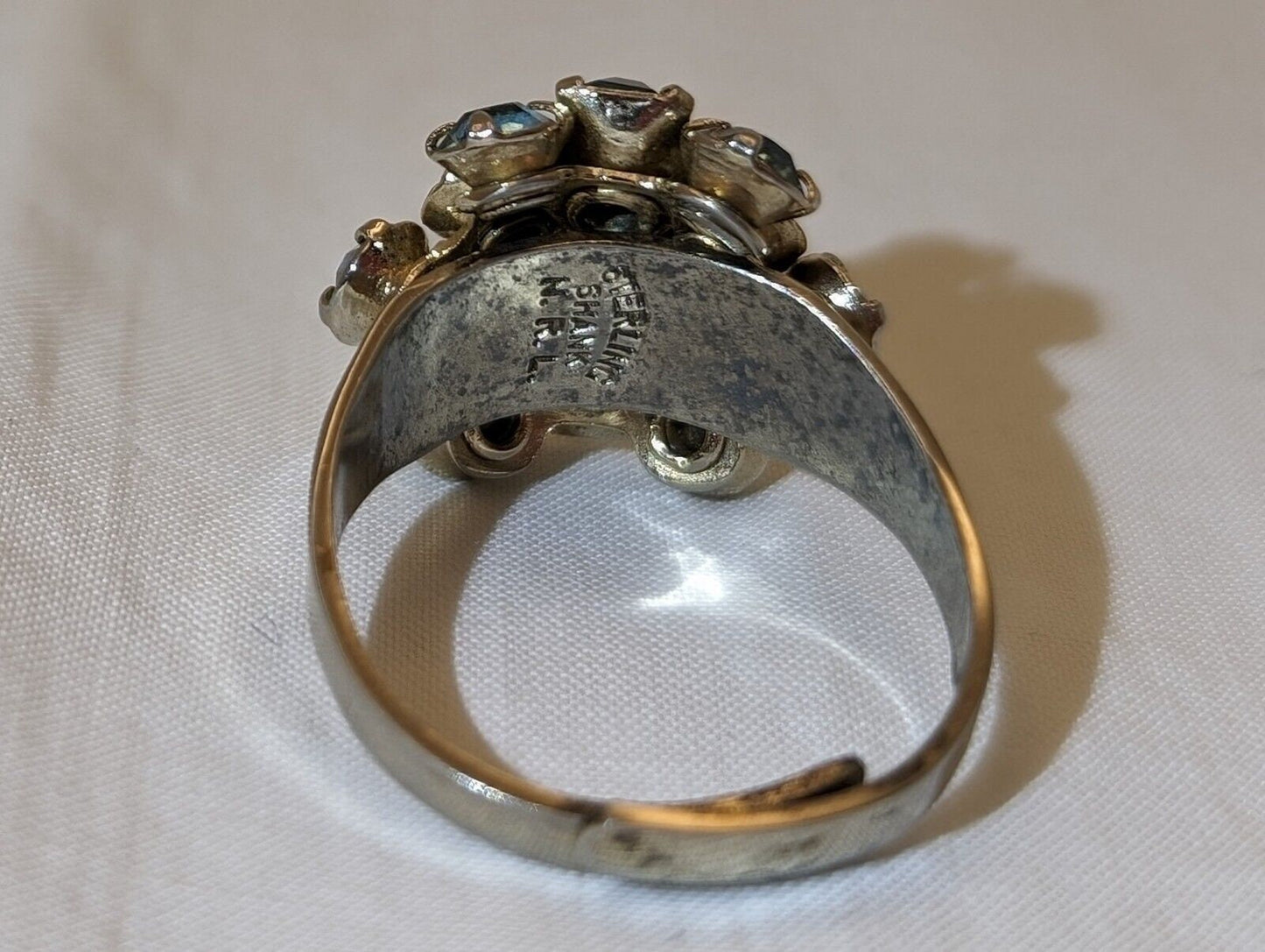 Vintage MCM Sterling Silver Shank Blue Rhinestone Cocktail Ring - Marked - Adjustable image 6