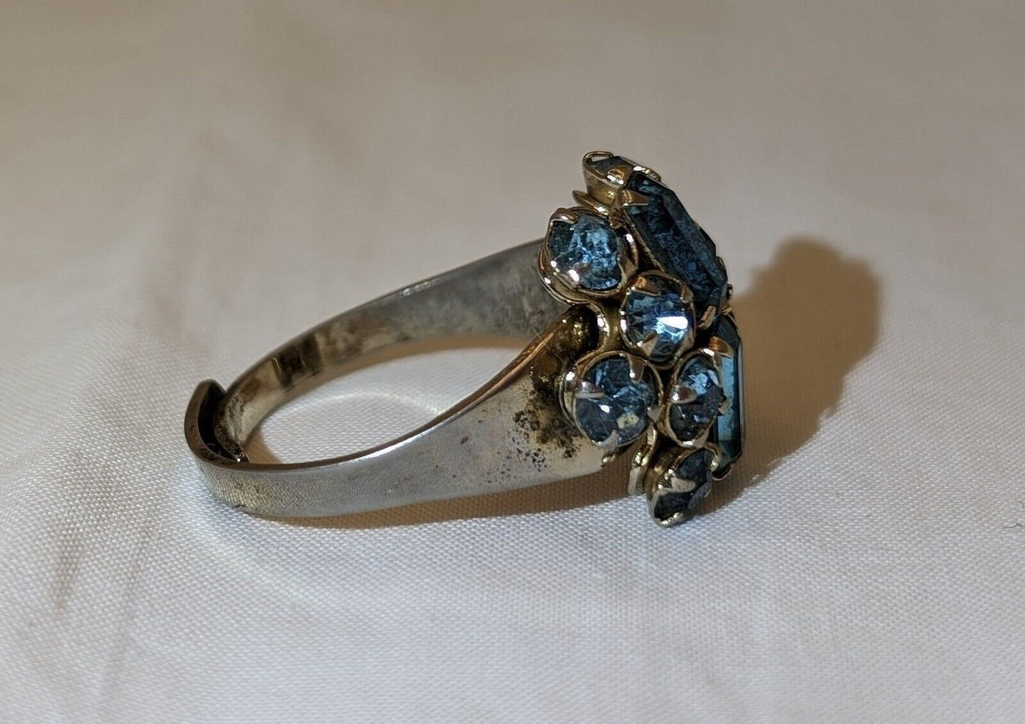 Vintage MCM Sterling Silver Shank Blue Rhinestone Cocktail Ring - Marked - Adjustable image 2