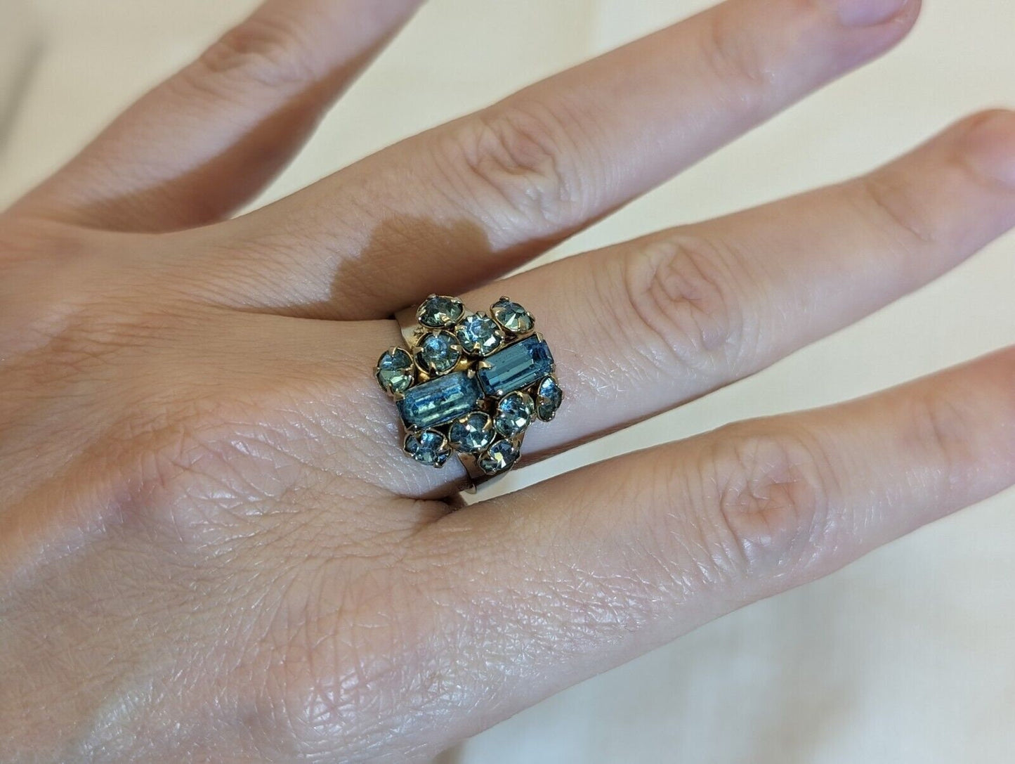 Vintage MCM Sterling Silver Shank Blue Rhinestone Cocktail Ring - Marked - Adjustable image 3