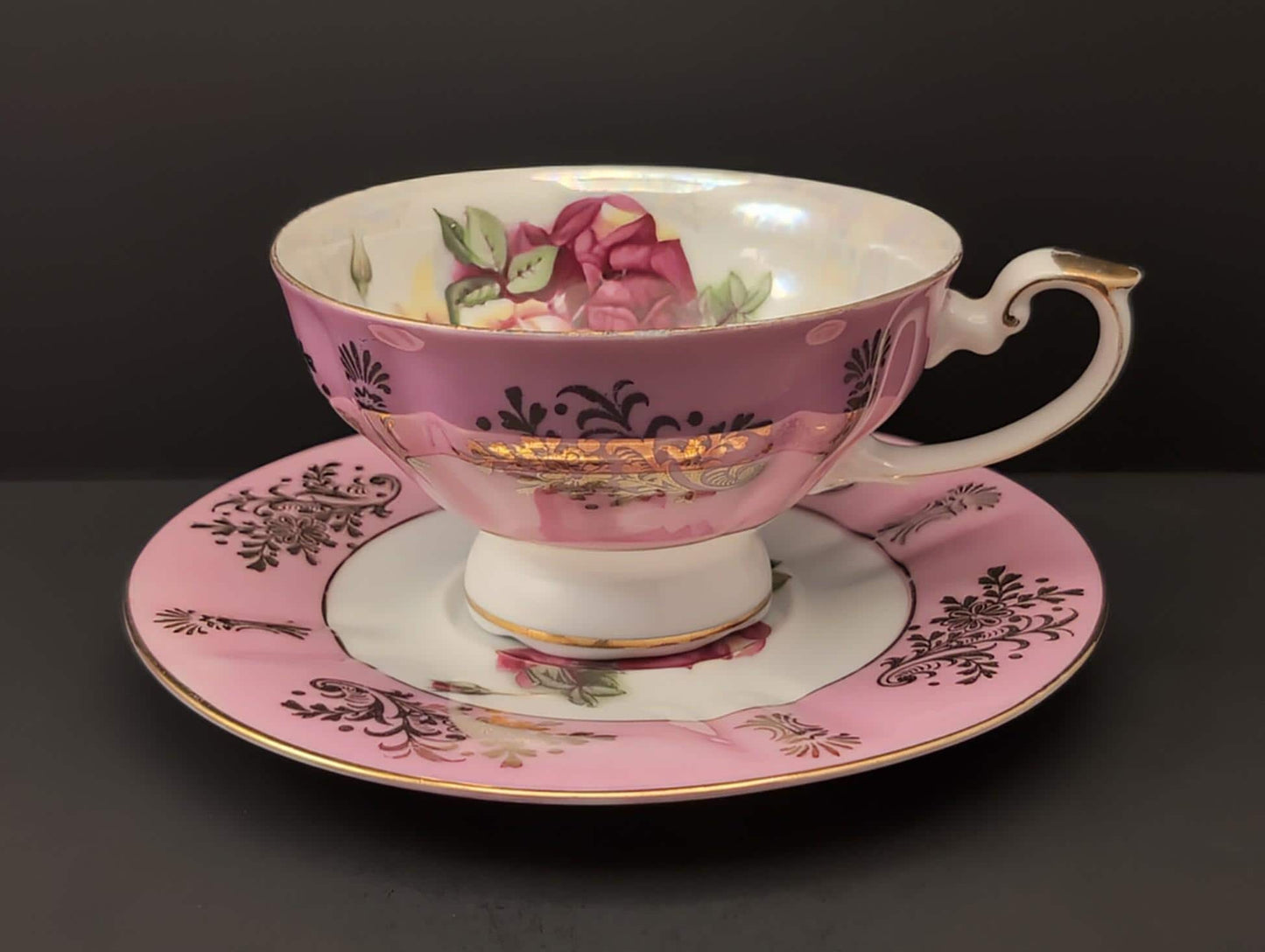Elegant Royal Halsey Pink Lusterware Teacup & Saucer Set with Rose Pattern – Vintage Collectible Porcelain image 1