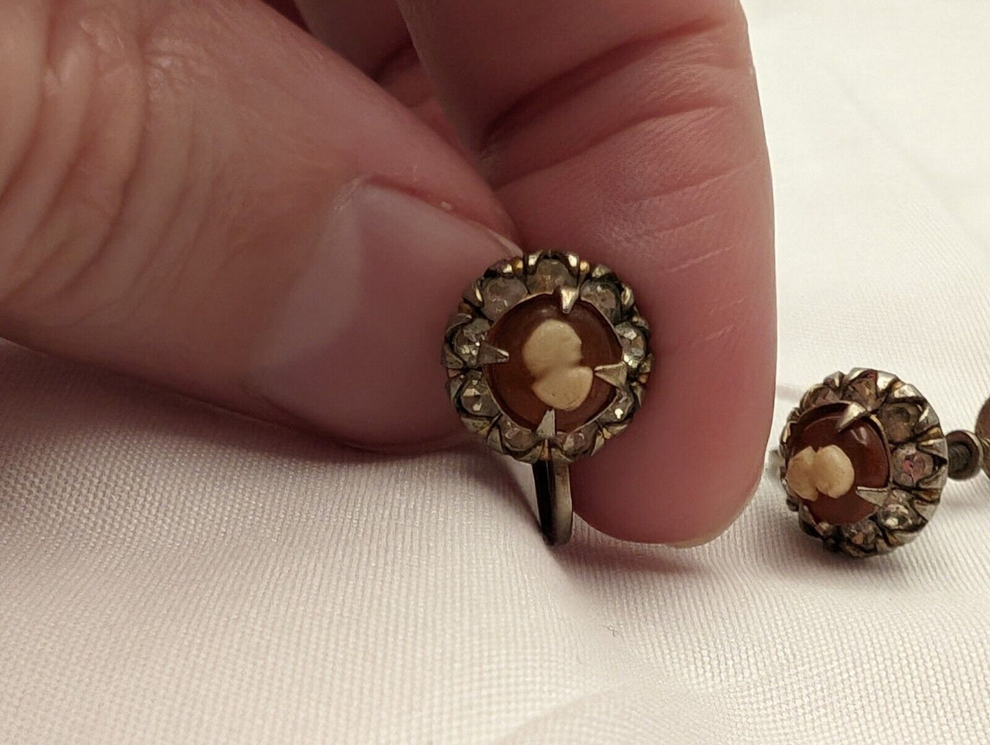 Vargas Cameo Screwback Earrings with Rhinestones - Vintage 1940s Prong Set Clip Ons image 3