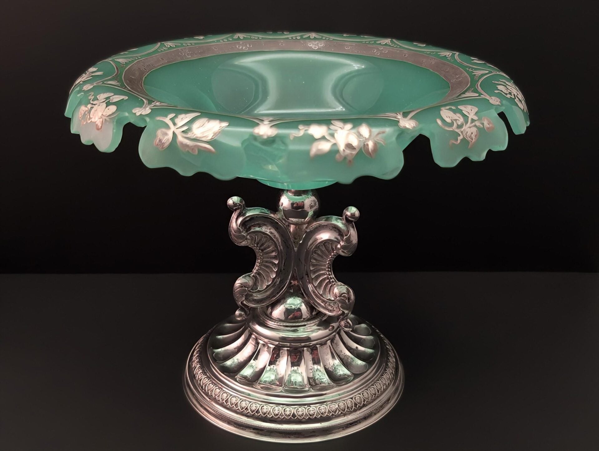 Uranium Glass and Silver Tazza Bowl-Continental Victorian Lobbed With Silver Overlay Pedestal Base image 2