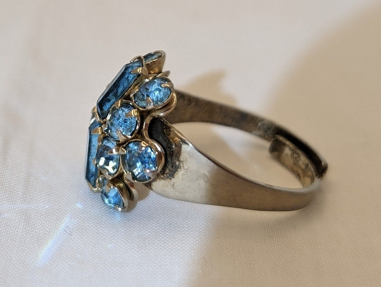 Vintage MCM Sterling Silver Shank Blue Rhinestone Cocktail Ring - Marked - Adjustable image 1
