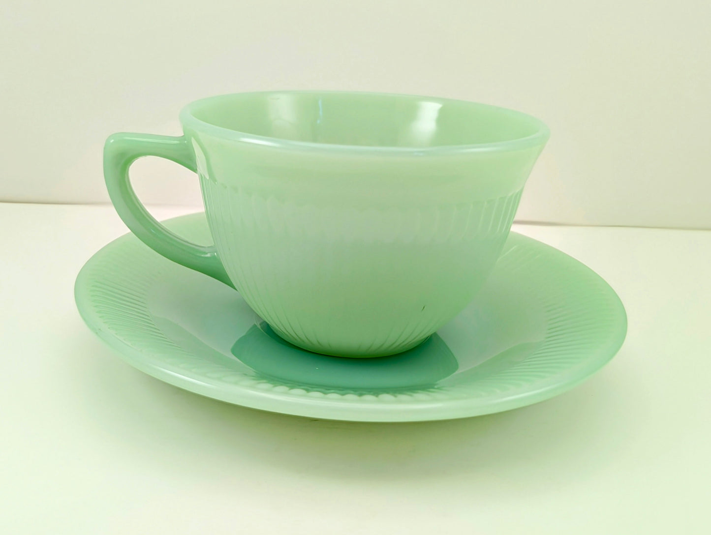 1950s Fire King Jadeite Cup and Saucer - Jane Ray Pattern