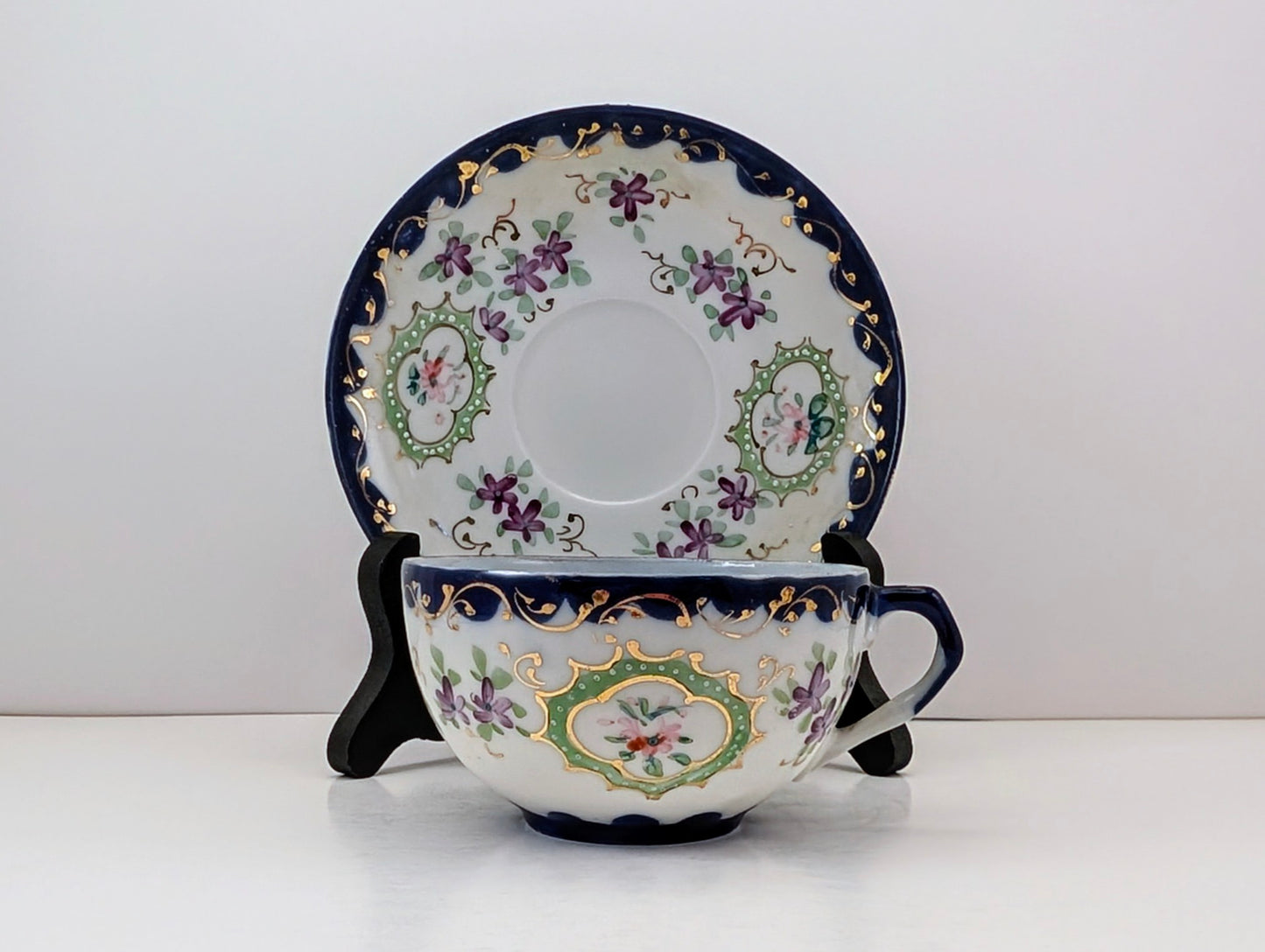 Vintage Nippon-Style Hand-Painted Teacup & Saucer – Cobalt Rim, Eggshell Porcelain