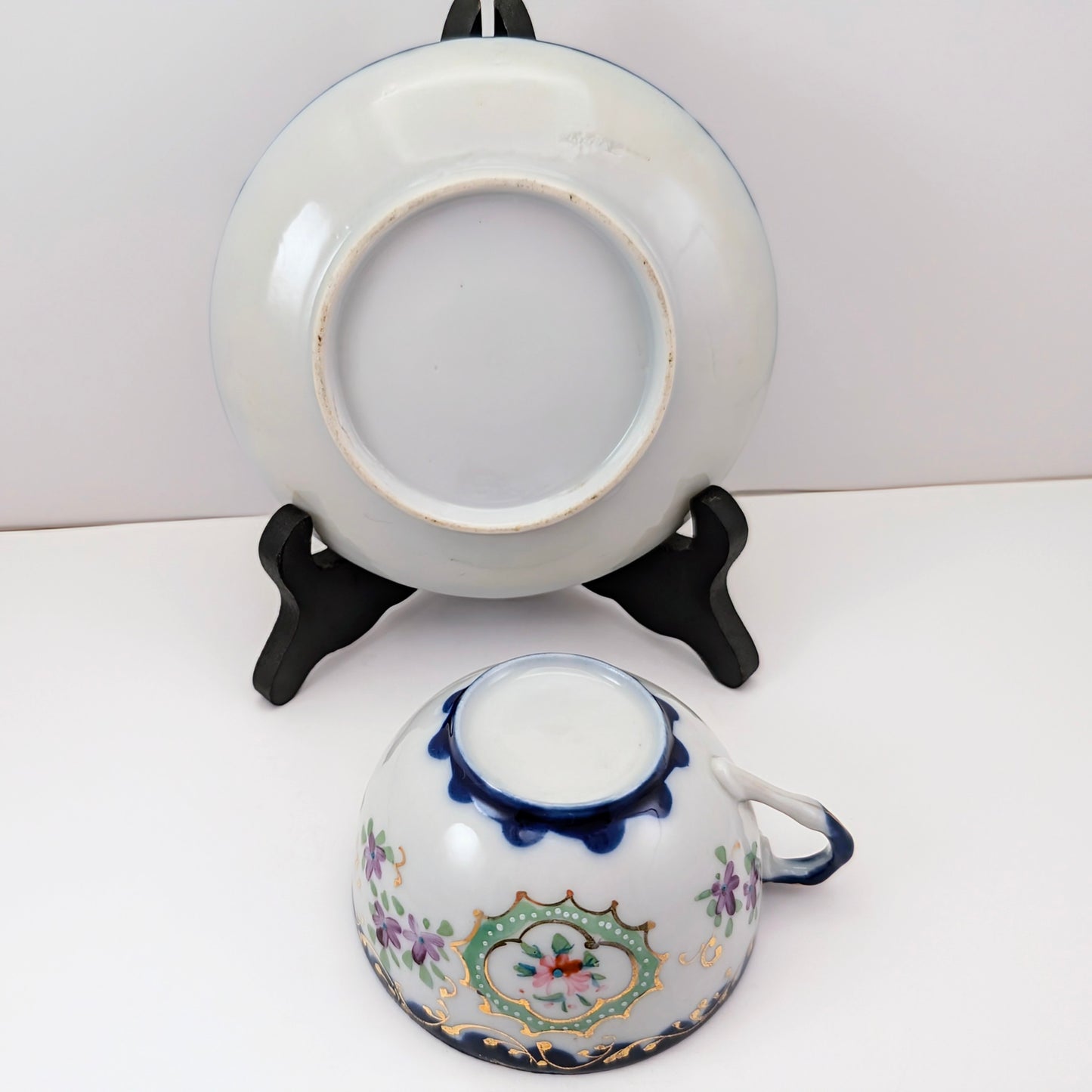 Vintage Nippon-Style Hand-Painted Teacup & Saucer – Cobalt Rim, Eggshell Porcelain