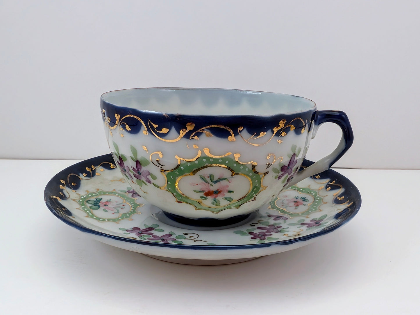 Vintage Nippon-Style Hand-Painted Teacup & Saucer – Cobalt Rim, Eggshell Porcelain