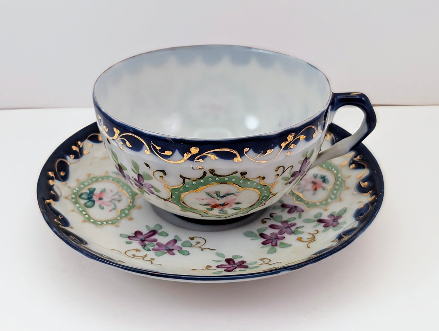 Vintage Nippon-Style Hand-Painted Teacup & Saucer – Cobalt Rim, Eggshell Porcelain