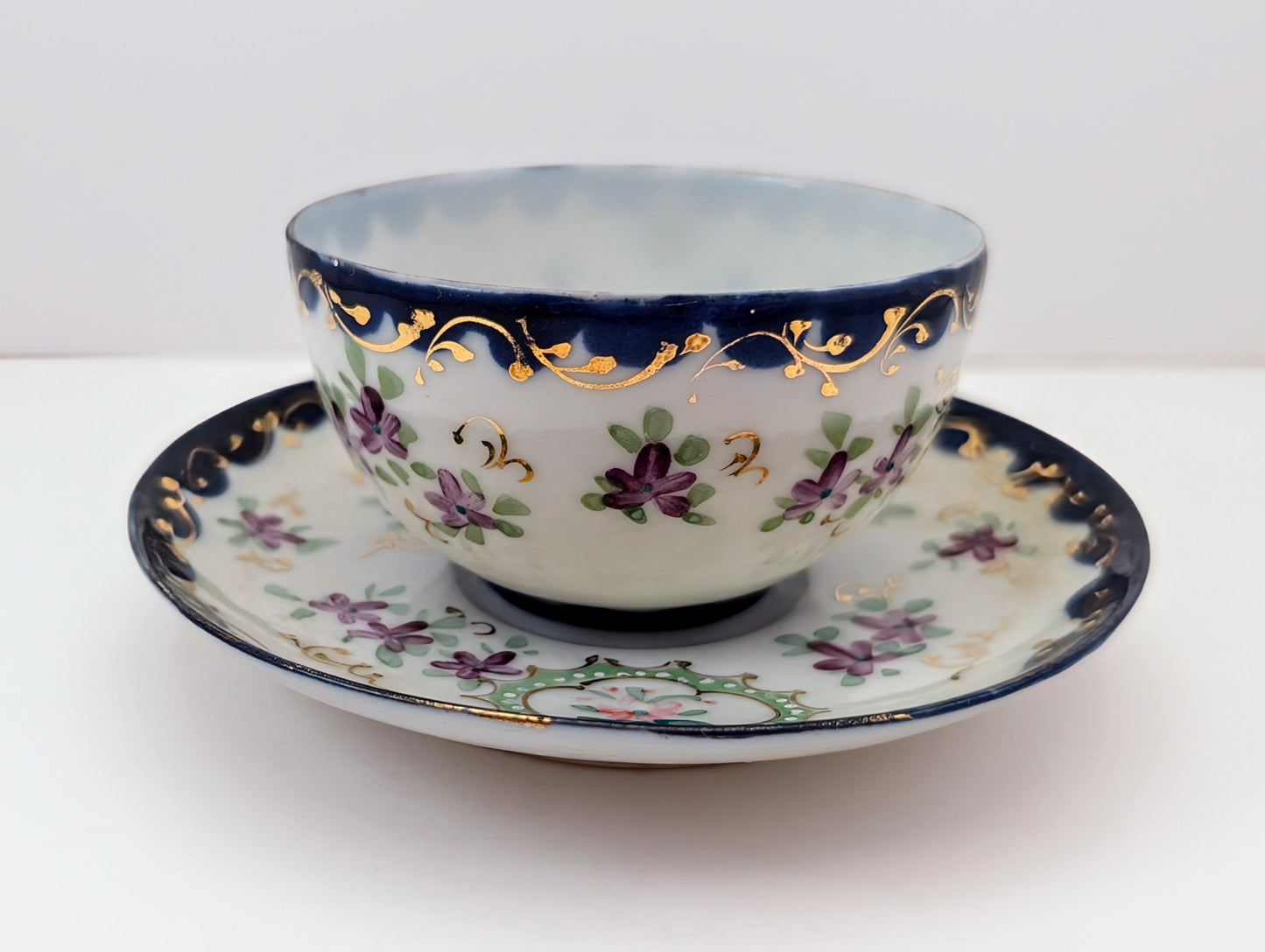 Vintage Nippon-Style Hand-Painted Teacup & Saucer – Cobalt Rim, Eggshell Porcelain