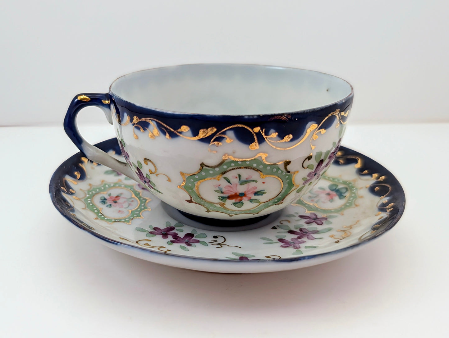 Vintage Nippon-Style Hand-Painted Teacup & Saucer – Cobalt Rim, Eggshell Porcelain