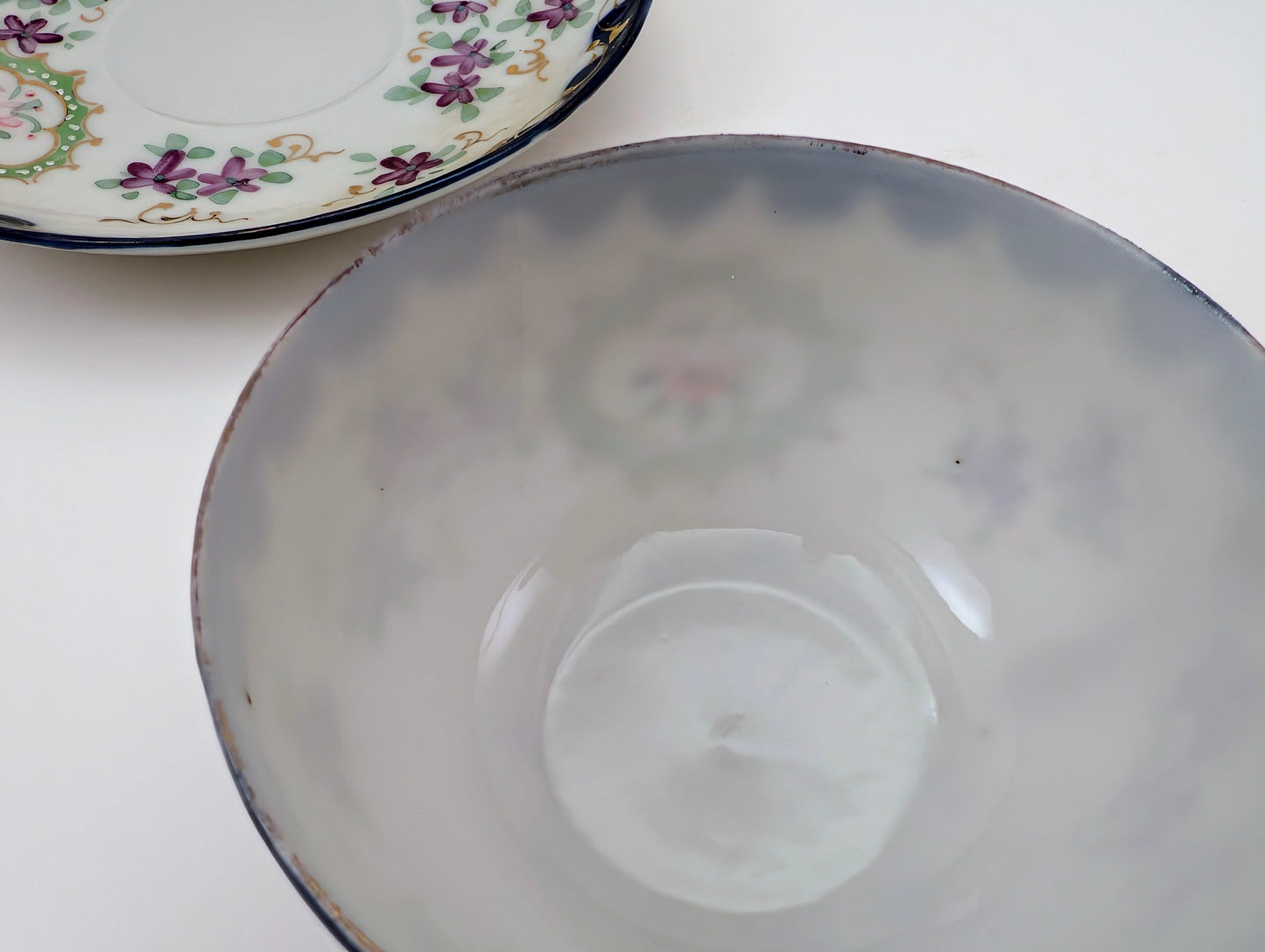 Vintage Nippon-Style Hand-Painted Teacup & Saucer – Cobalt Rim, Eggshell Porcelain