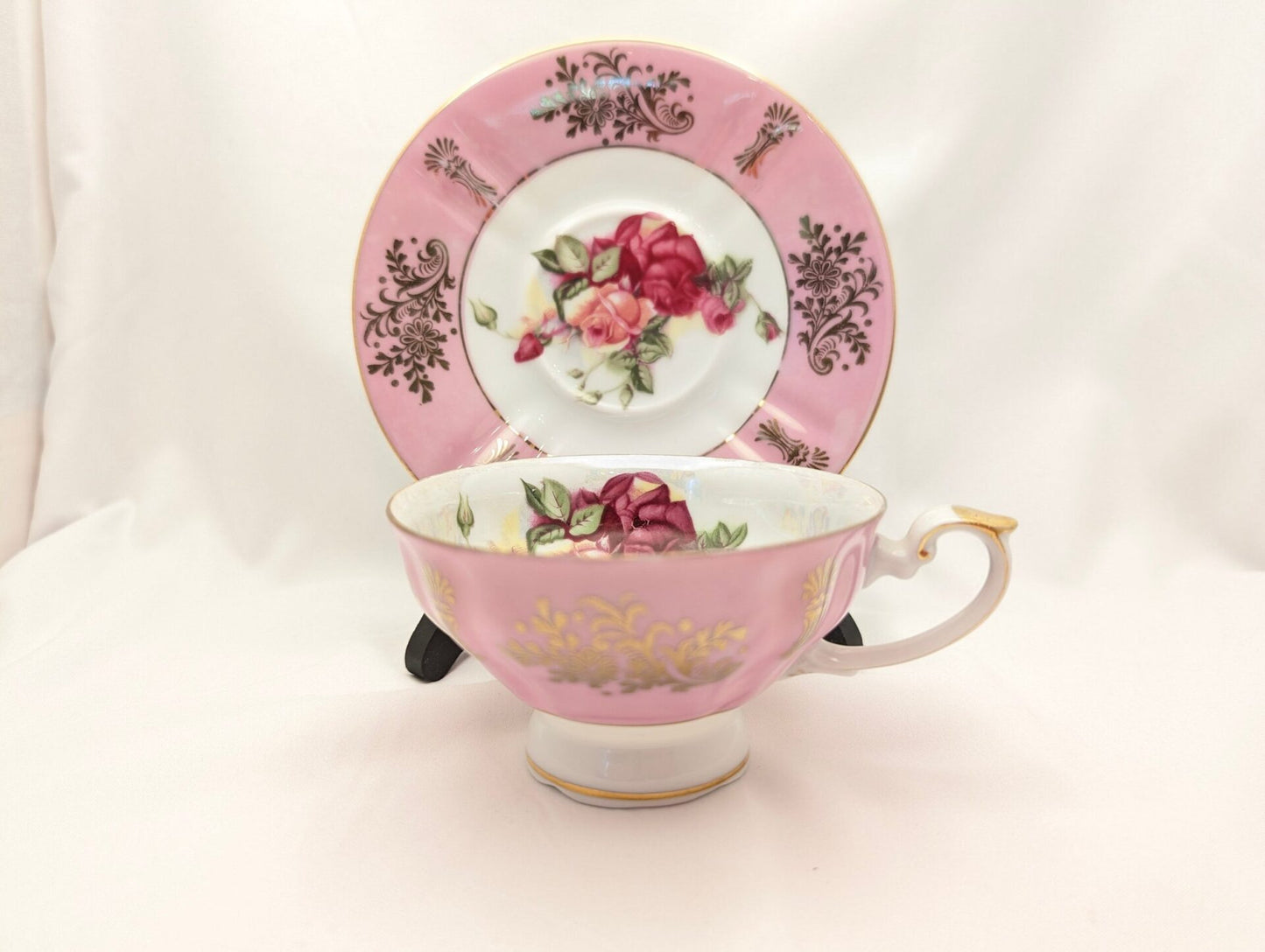 Elegant Royal Halsey Pink Lusterware Teacup & Saucer Set with Rose Pattern – Vintage Collectible Porcelain image 2