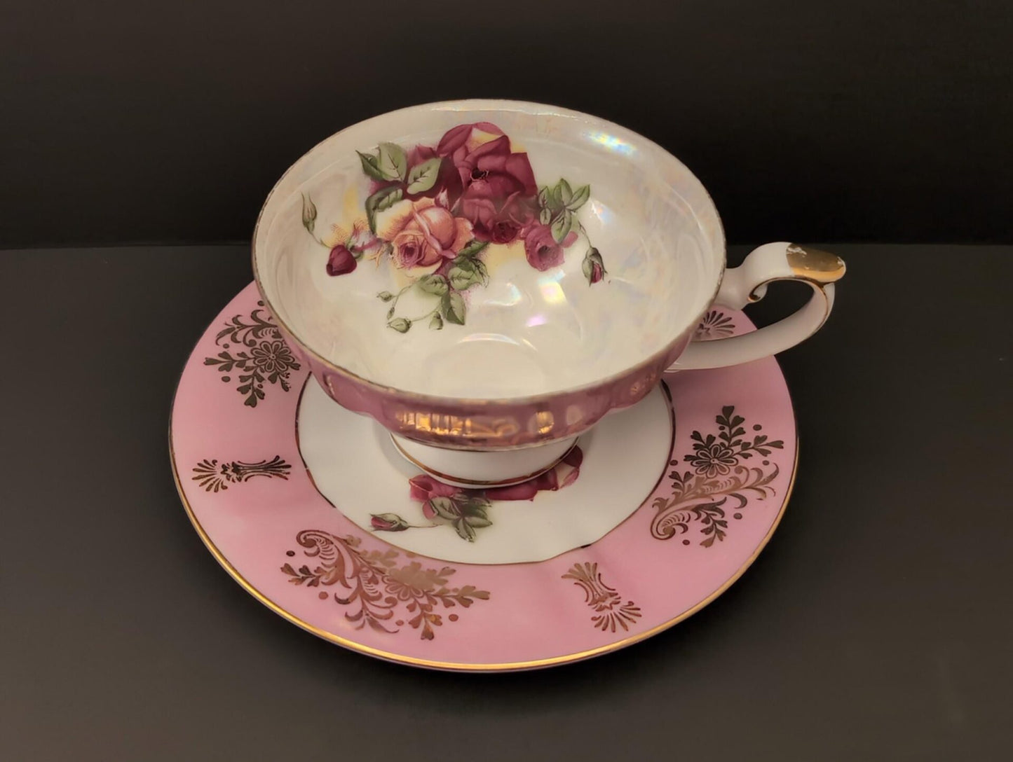 Elegant Royal Halsey Pink Lusterware Teacup & Saucer Set with Rose Pattern – Vintage Collectible Porcelain image 0