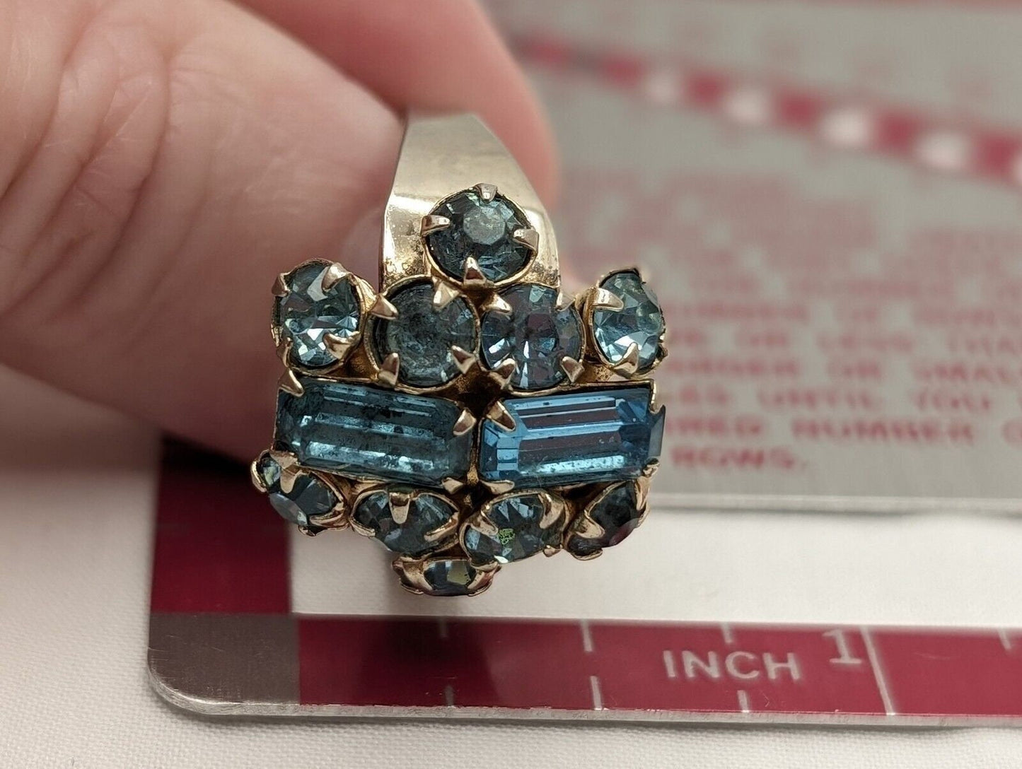 Vintage MCM Sterling Silver Shank Blue Rhinestone Cocktail Ring - Marked - Adjustable image 8