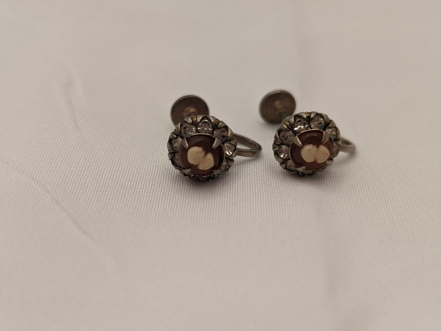 Vargas Cameo Screwback Earrings with Rhinestones - Vintage 1940s Prong Set Clip Ons image 1