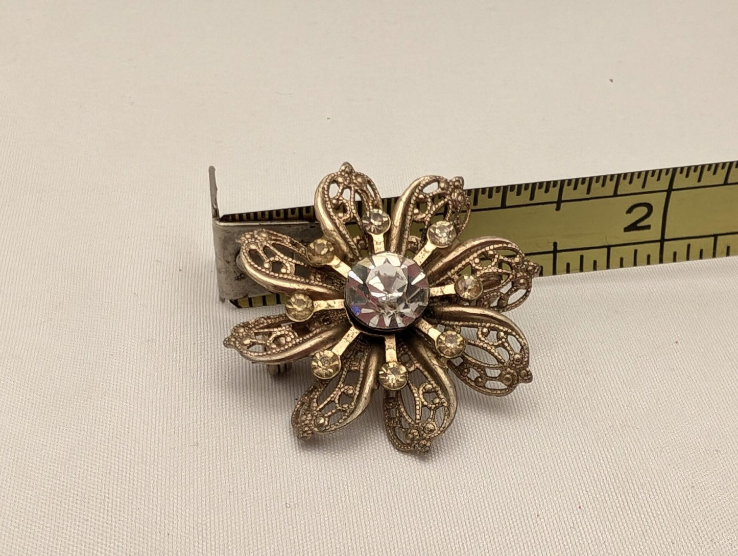Vintage Gold-Toned Filigree Flower Starburst Brooch With Rhinestones-Retro Glam image 5