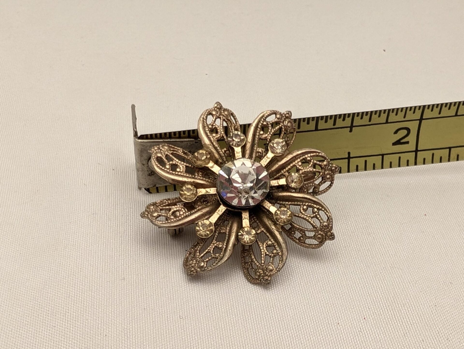 Vintage Gold-Toned Filigree Flower Starburst Brooch With Rhinestones-Retro Glam image 5