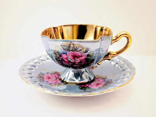 Vintage Royal Ainsley Blue Teacup & Saucer with Roses, Quatrefoil Demitasse, Hand-Painted Gilt Details image 0