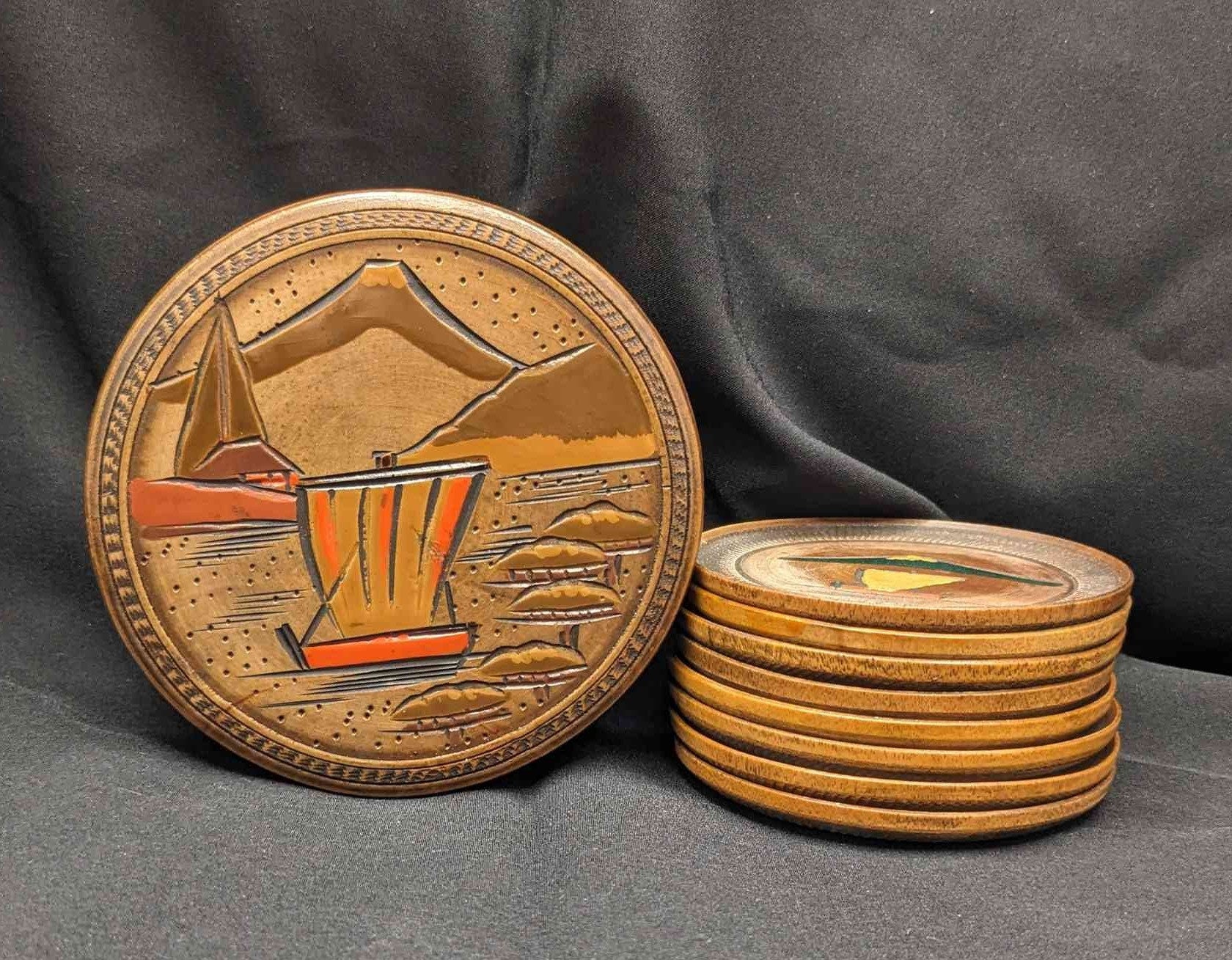 Mt Fuji Carved and Painted Wood Coasters Set of 8 - 1950s Japan image 0