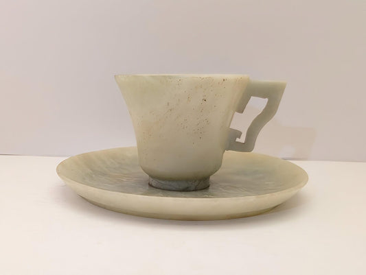 Antique Chinese Carved Jade Demitasse Cup & Saucer Set in Light Celadon-Early 20th Century image 0