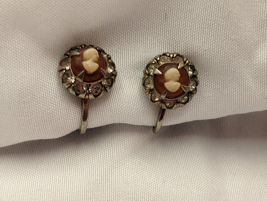 Vargas Cameo Screwback Earrings with Rhinestones - Vintage 1940s Prong Set Clip Ons image 0