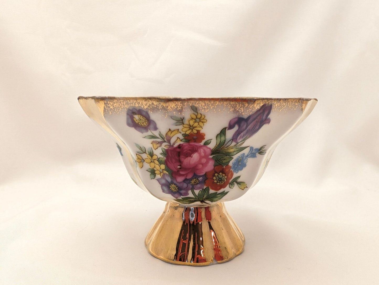 1950s Lusterware Teacup & Saucer Set w/ Roses, Irises, and Gold Trim - 3 Paneled Footed Cup, Loop Handle, Reticulated Plate image 6