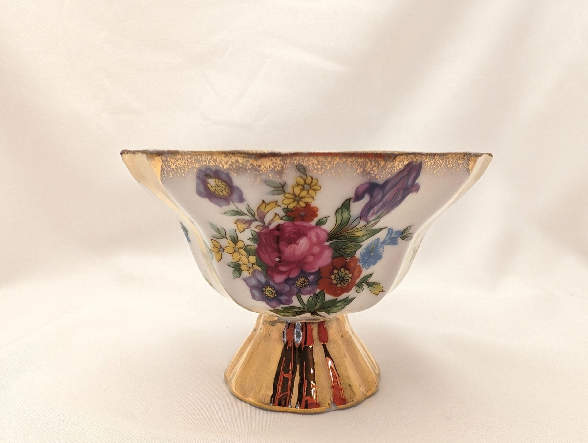 1950s Lusterware Teacup & Saucer Set w/ Roses, Irises, and Gold Trim - 3 Paneled Footed Cup, Loop Handle, Reticulated Plate image 6