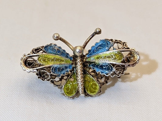 Art Nouveau Butterfly Brooch Blue Enamel on Silver Filigree Pin, GE-20 800 Jewelry image 0