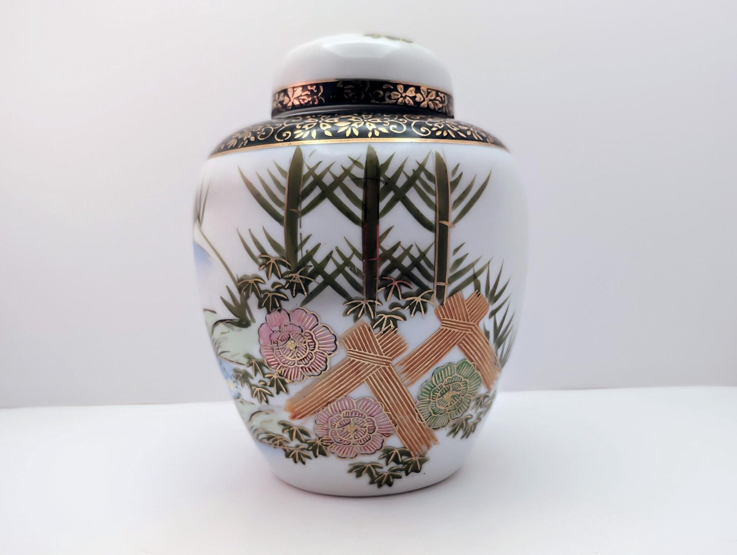 MCM Japanese Ginger Jar - Hand-Painted Seaside Scene with Bamboo, Flowers, Black & Gold Accents image 1