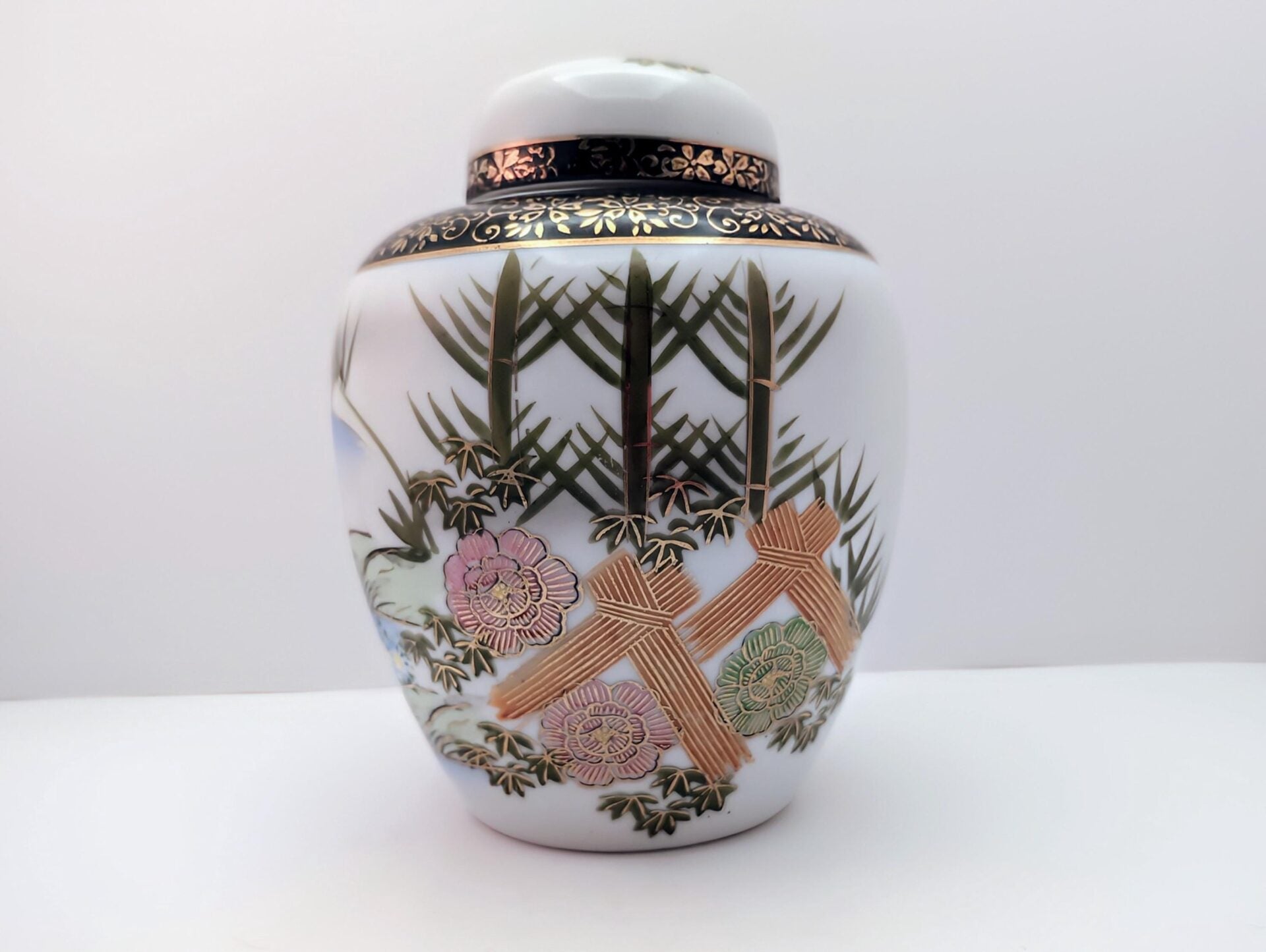 MCM Japanese Ginger Jar - Hand-Painted Seaside Scene with Bamboo, Flowers, Black & Gold Accents image 1