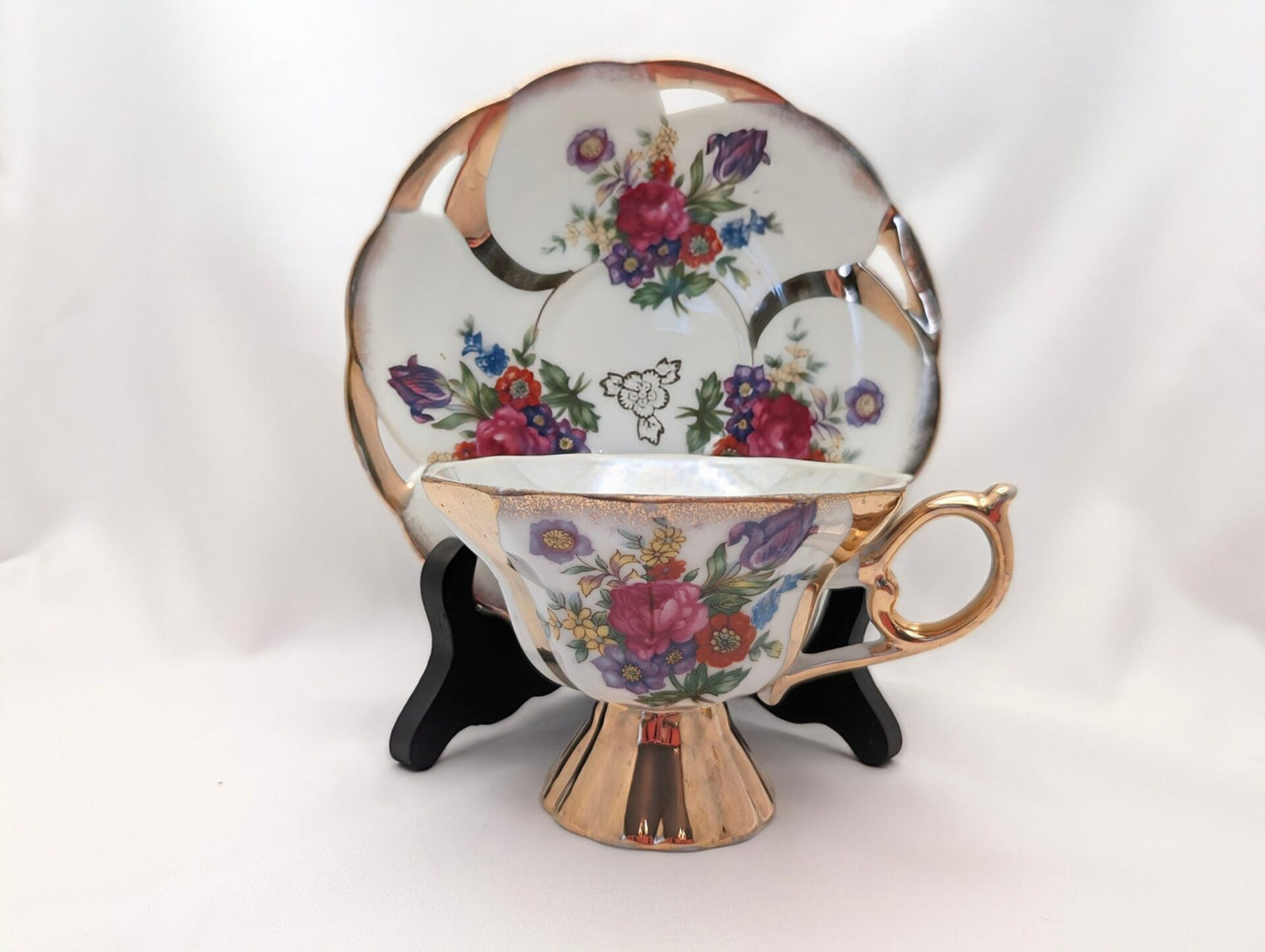 1950s Lusterware Teacup & Saucer Set w/ Roses, Irises, and Gold Trim - 3 Paneled Footed Cup, Loop Handle, Reticulated Plate image 1