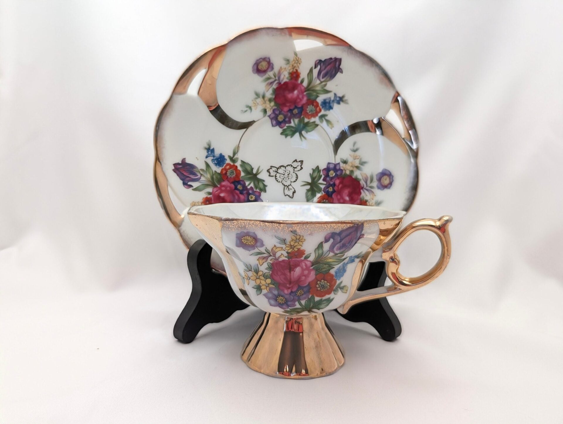 1950s Lusterware Teacup & Saucer Set w/ Roses, Irises, and Gold Trim - 3 Paneled Footed Cup, Loop Handle, Reticulated Plate image 1