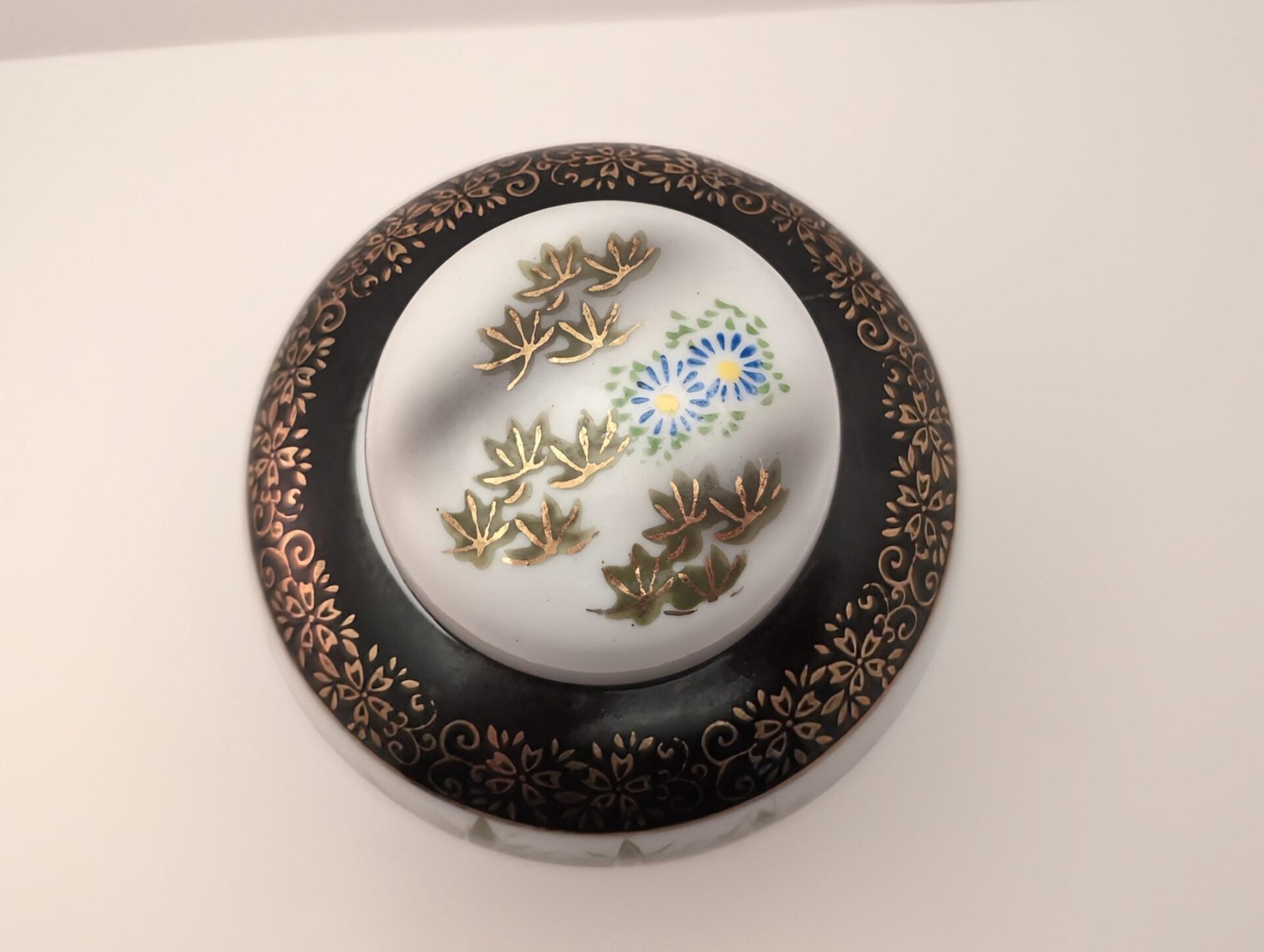 MCM Japanese Ginger Jar - Hand-Painted Seaside Scene with Bamboo, Flowers, Black & Gold Accents image 5