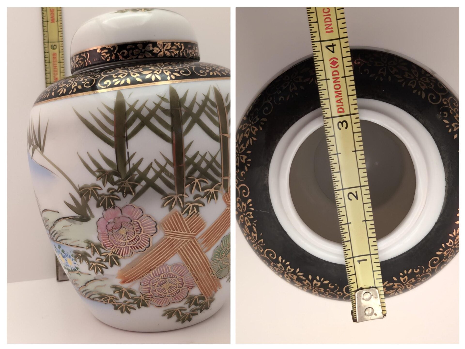 MCM Japanese Ginger Jar - Hand-Painted Seaside Scene with Bamboo, Flowers, Black & Gold Accents image 6