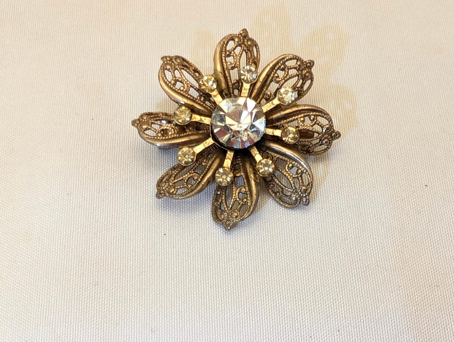 Vintage Gold-Toned Filigree Flower Starburst Brooch With Rhinestones-Retro Glam image 8