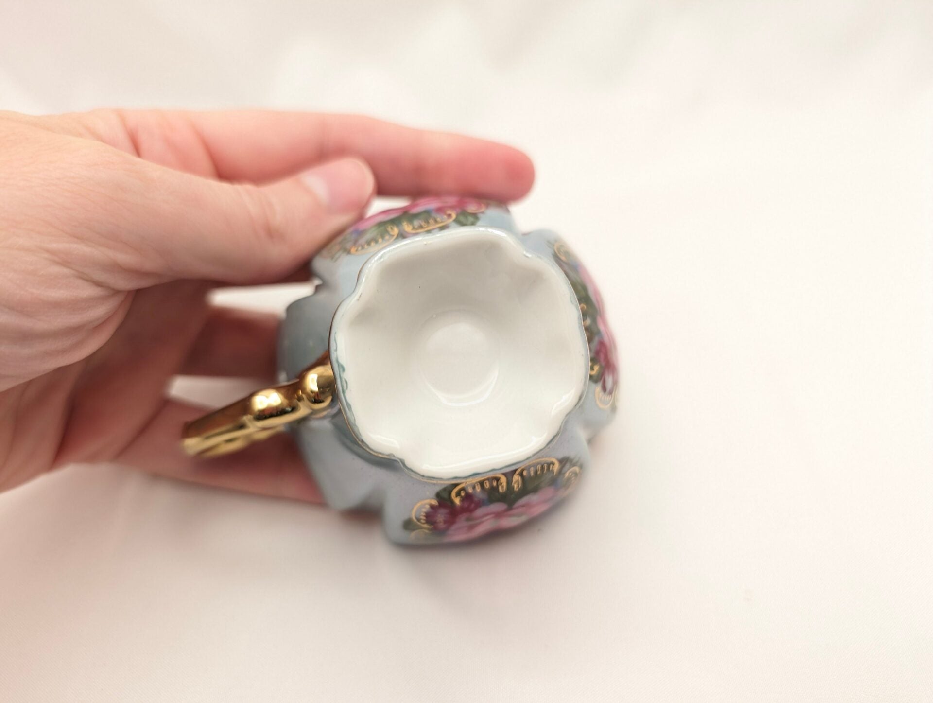 Vintage Royal Ainsley Blue Teacup & Saucer with Roses, Quatrefoil Demitasse, Hand-Painted Gilt Details image 9