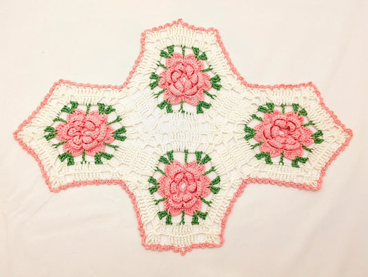 Pink Roses Crochet Table Centerpiece with 3D Flowers - Handmade Clean Vintage Grandmacore or Cottagecore Decor image 0