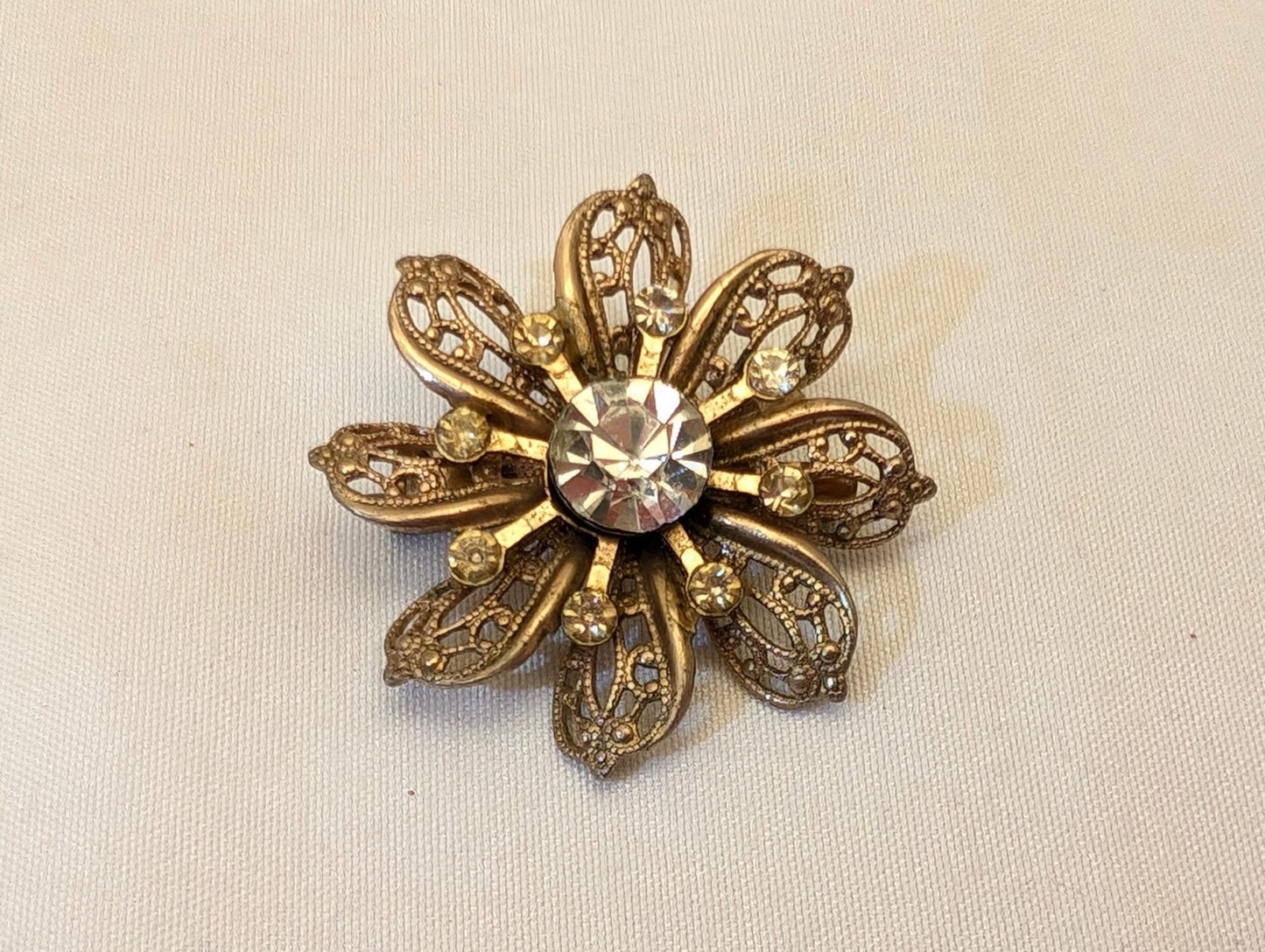 Vintage Gold-Toned Filigree Flower Starburst Brooch With Rhinestones-Retro Glam image 9