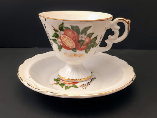 Florida Souvenir Demitasse Footed Cup & Saucer - Oranges and Orange Blossoms Vintage Teacup Set image 0