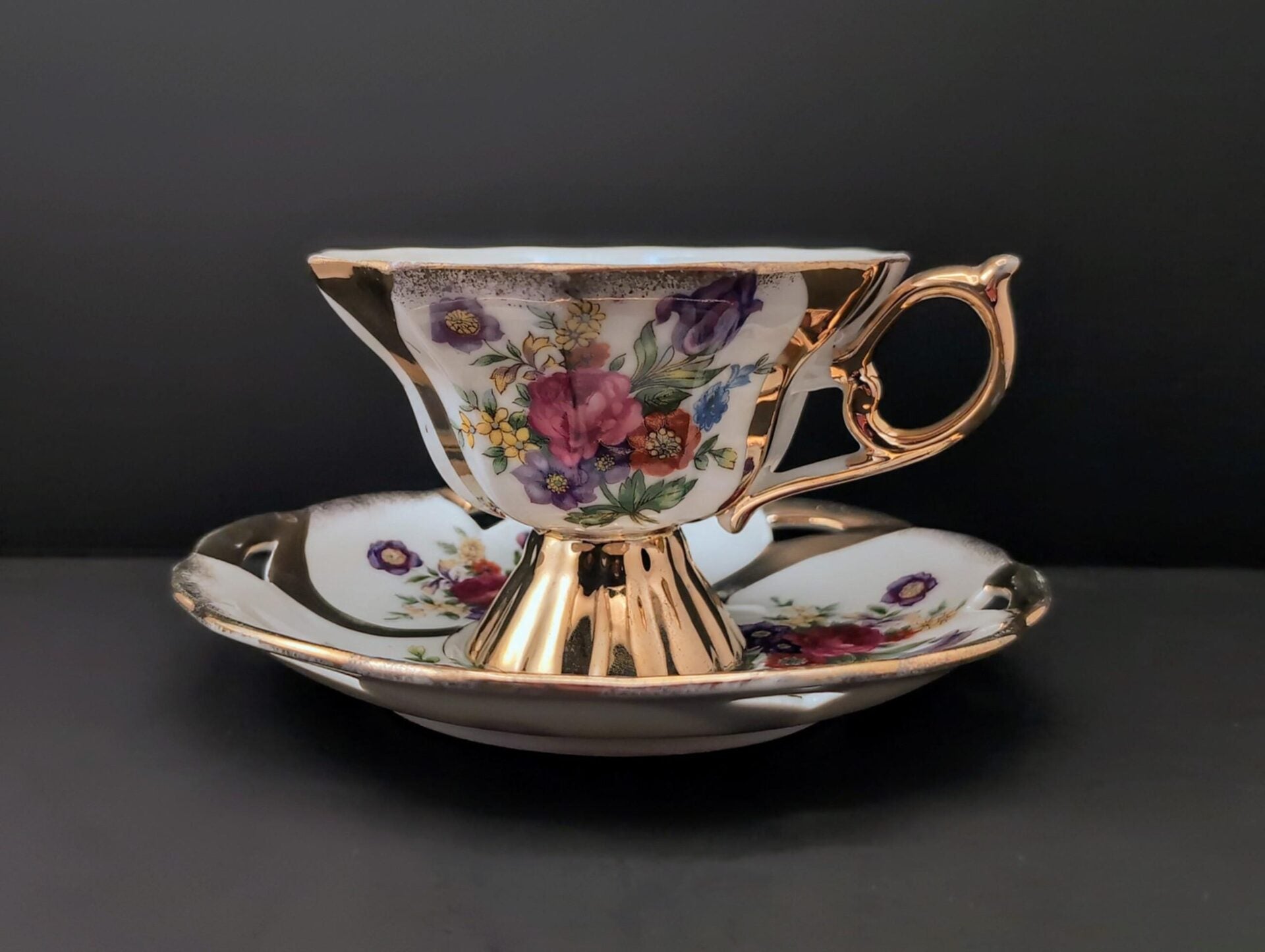 1950s Lusterware Teacup & Saucer Set w/ Roses, Irises, and Gold Trim - 3 Paneled Footed Cup, Loop Handle, Reticulated Plate image 0