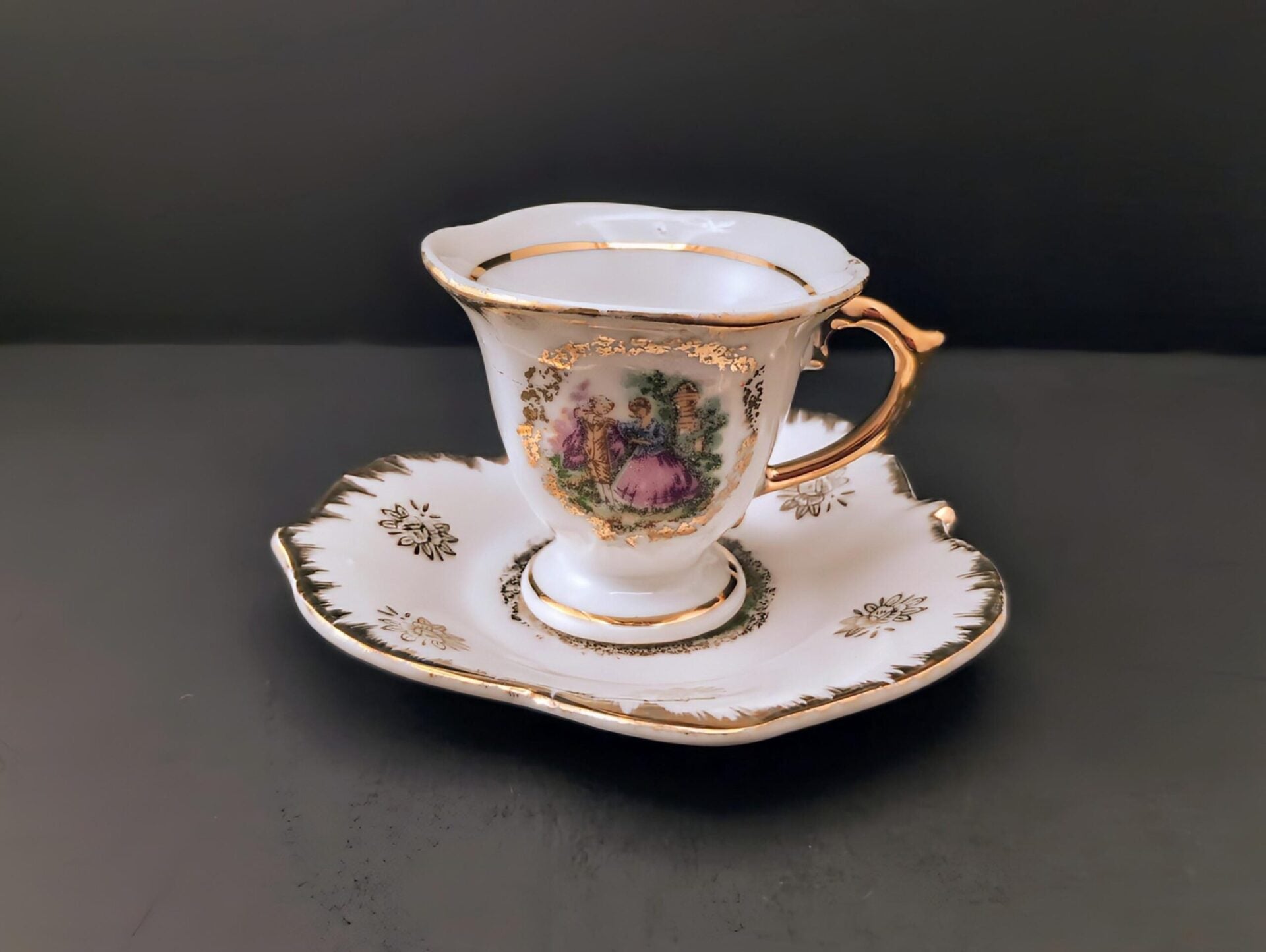 Victorian Courting Couple Demitasse Cup & Saucer Set Maple Leaf Plate and Gilt Trim-Made in Japan Vintage image 0