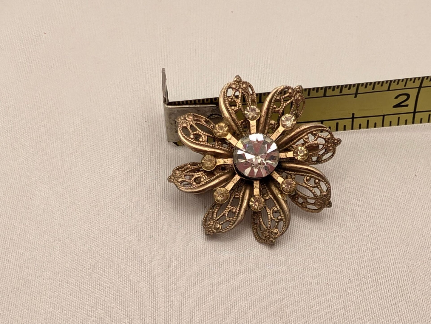 Vintage Gold-Toned Filigree Flower Starburst Brooch With Rhinestones-Retro Glam image 6