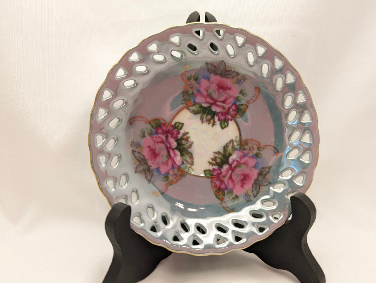 Vintage Royal Ainsley Blue Teacup & Saucer with Roses, Quatrefoil Demitasse, Hand-Painted Gilt Details image 3