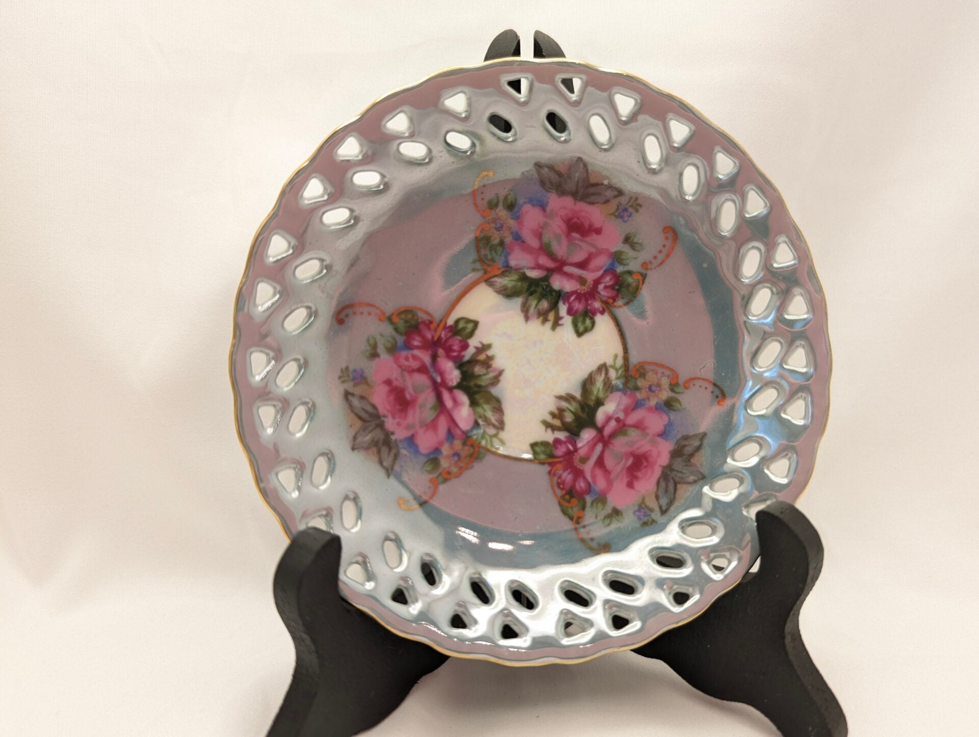 Vintage Royal Ainsley Blue Teacup & Saucer with Roses, Quatrefoil Demitasse, Hand-Painted Gilt Details image 3