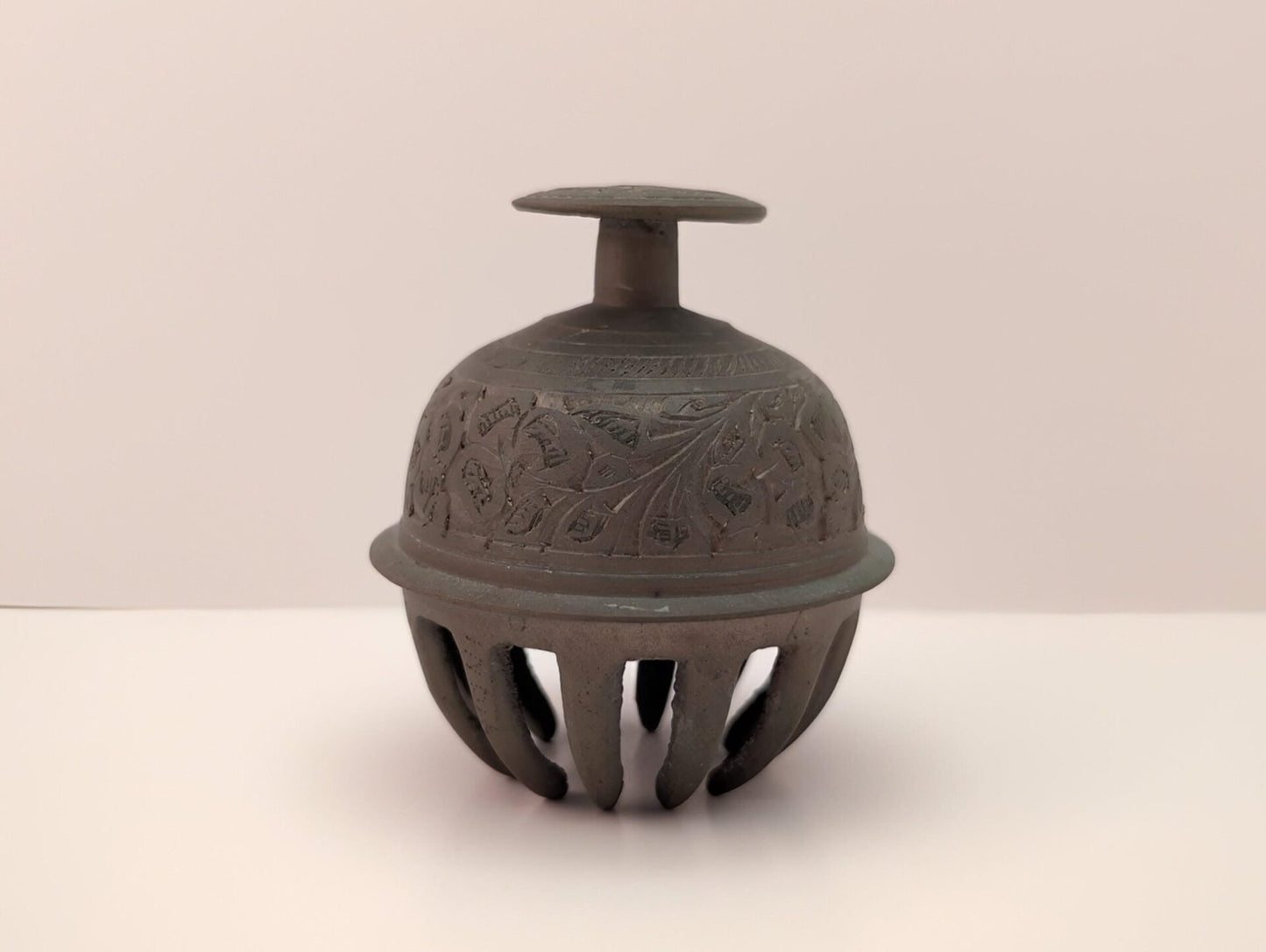 Vintage Brass Elephant Claw Bell - 2 1/2 Inch Ornate Etched Leaf Pattern image 0