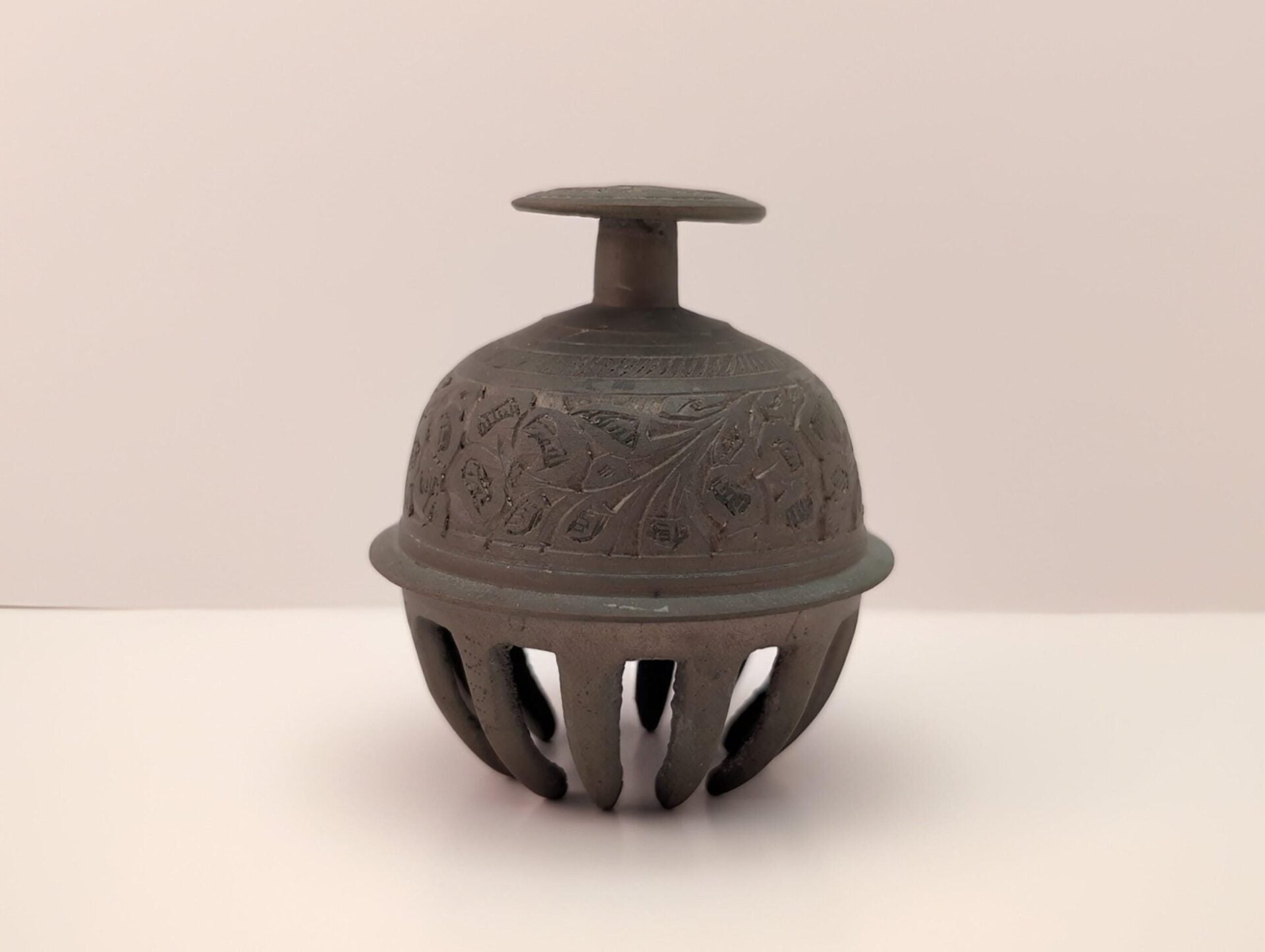 Vintage Brass Elephant Claw Bell - 2 1/2 Inch Ornate Etched Leaf Pattern image 0