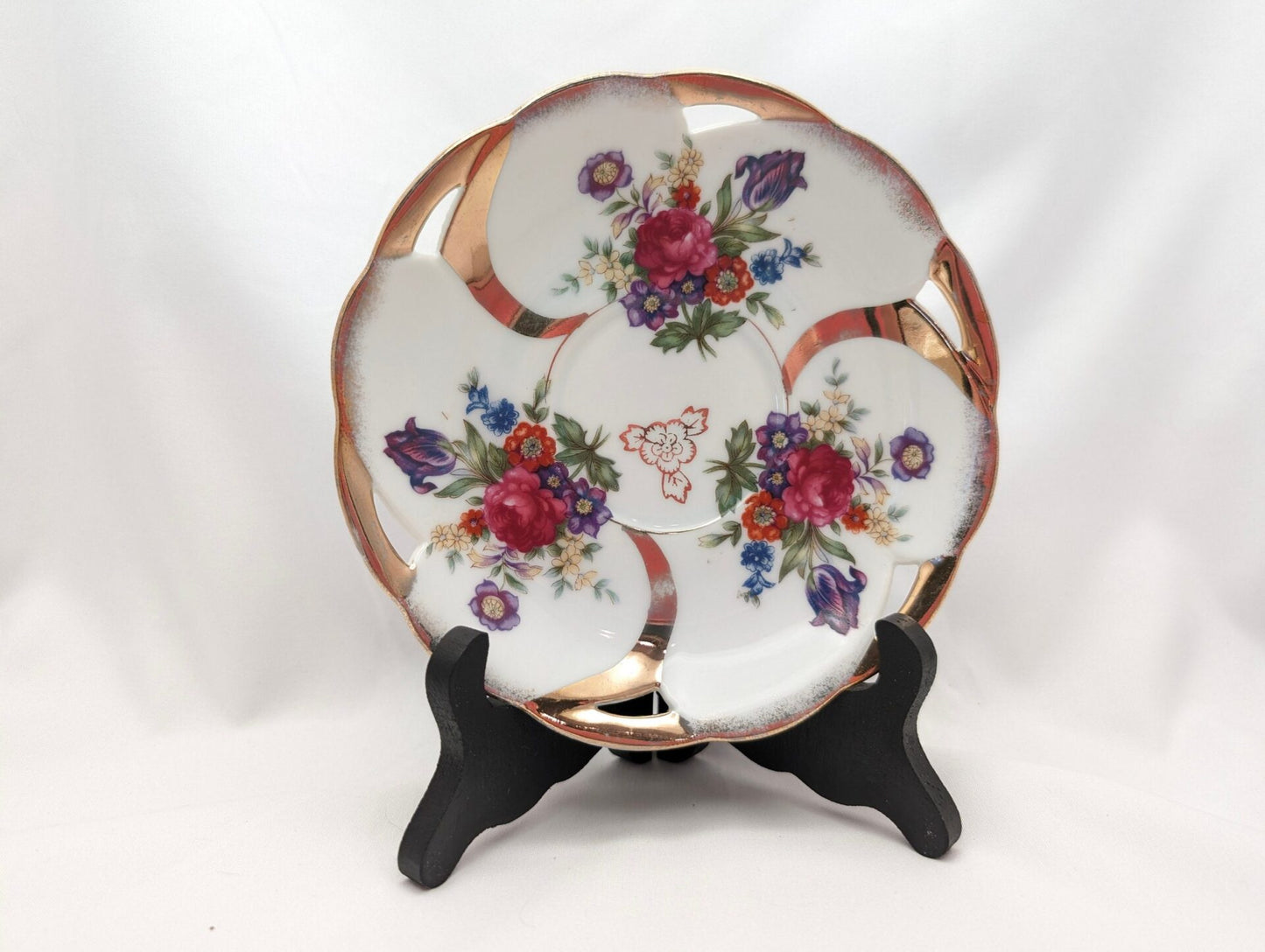 1950s Lusterware Teacup & Saucer Set w/ Roses, Irises, and Gold Trim - 3 Paneled Footed Cup, Loop Handle, Reticulated Plate image 2