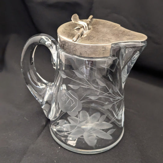 Antique Crystal Heisey Syrup Pitcher in Irving White Rose with Original Lid image 0
