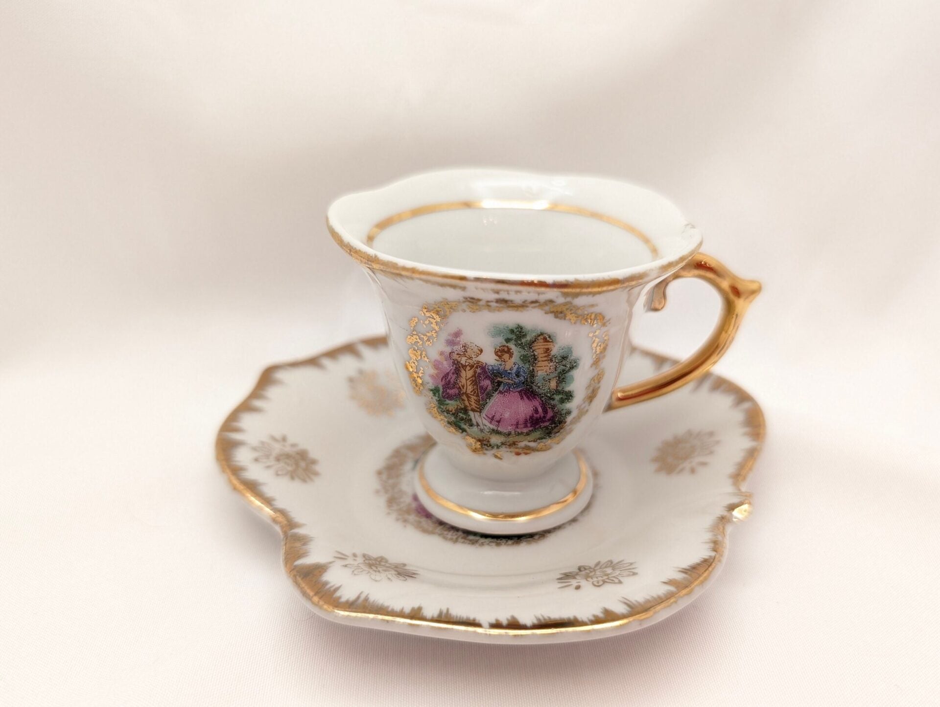 Victorian Courting Couple Demitasse Cup & Saucer Set Maple Leaf Plate and Gilt Trim-Made in Japan Vintage image 1